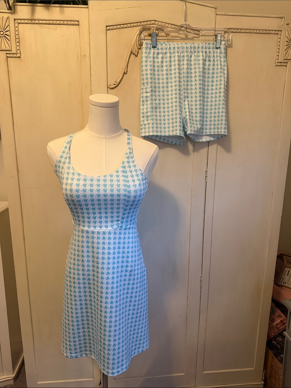 Light Blue Houndstooth Tank Sleep Dress & Shorts Set